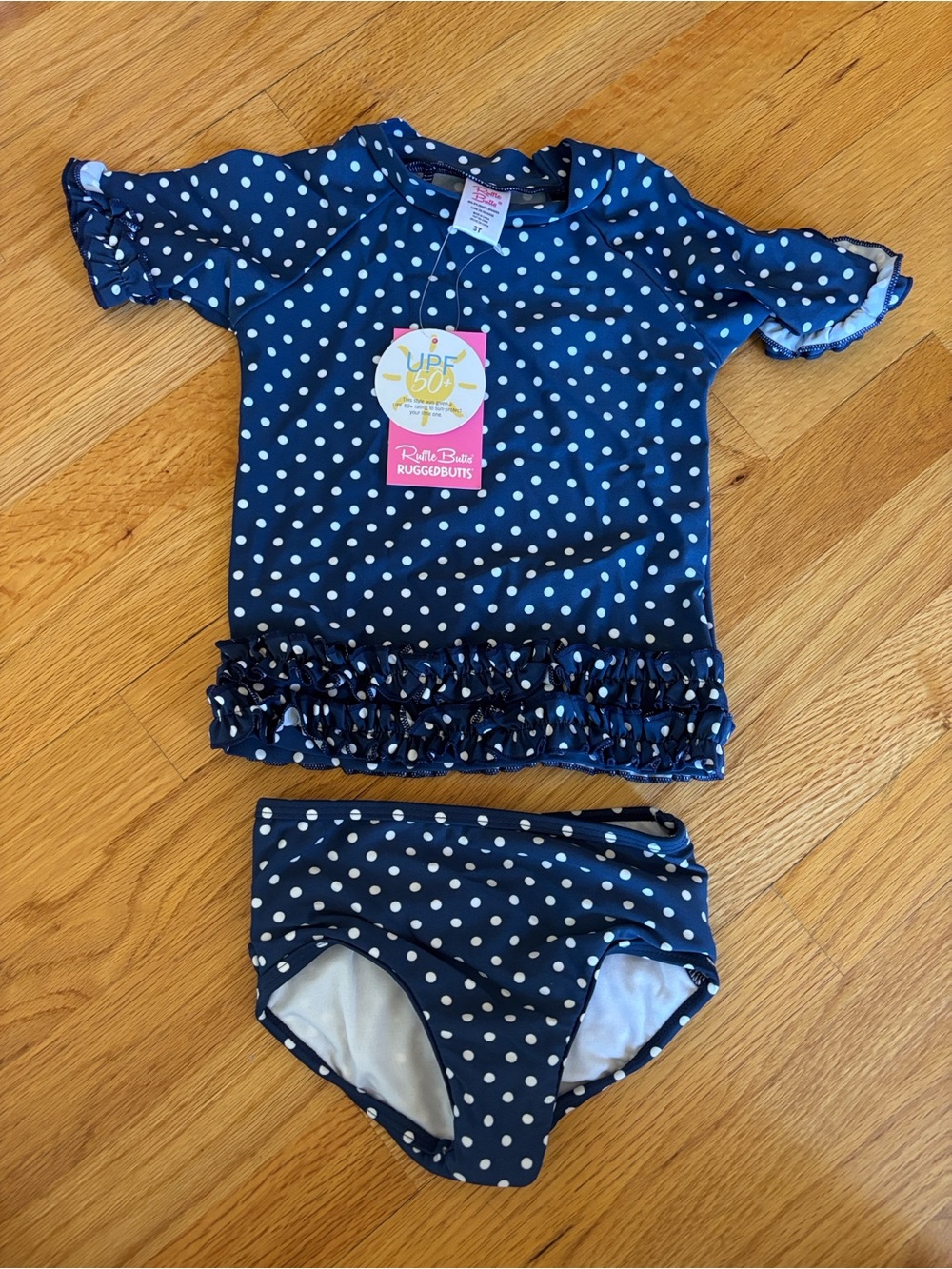 Ruffle Butts Navy and White Polka Dot Two-Piece Rash Guard Swim Set- 3T- NWT